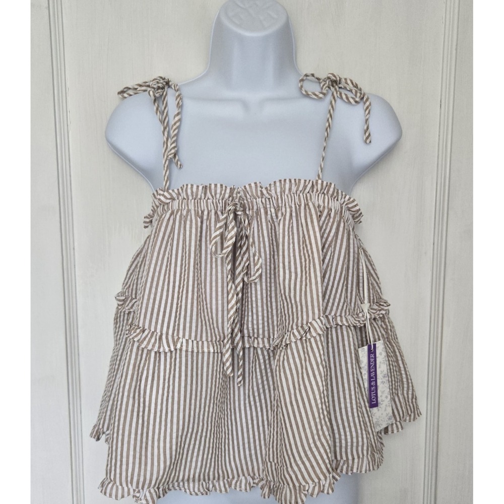 Lotus & Lavender Juniors Seersucker Striped Flare Top Baby Doll Tie Straps MED